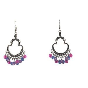Silver Chandelier Earrings Pink and Blue Beads